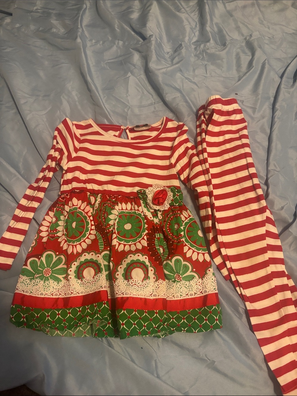 Girls Red and White Stripe Top with Red & Green Floral Skirt Matching Set